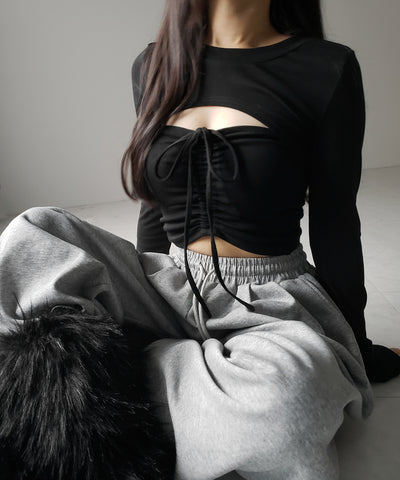 【 ２点セット 】フロントリボンベアトップス ＆ ショートレイヤードトップス SET ／ front ribbon bare tops & short layered tops SET