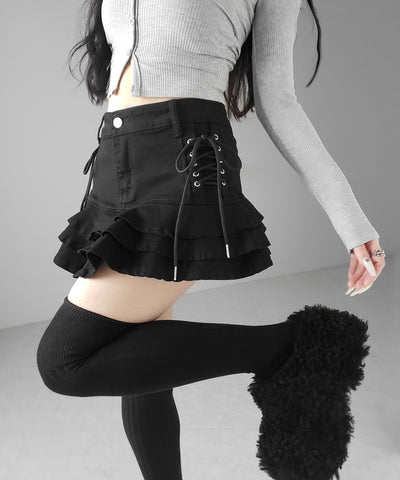 【 インパン裏地付 】レースアップブラックフリルミニスカート ／ laceup black frill mini skirt