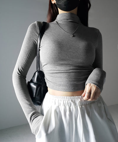 【 カップ付き ／ 裏起毛 】プチハイネックシャーリングショートカットソートップス