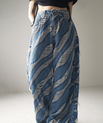 【 ２color ／ ４size 】バイカラーカットフリンジダメージワイドデニム ／ bicolor cut fringe damaged wide denim