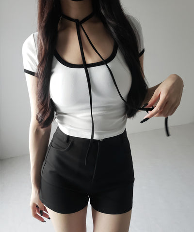 【 ２WAY ／ ２color 】配色ネックリボンチョーカーパイピングＴシャツ ／ bicolor neck ribbon choker piping T-shirt