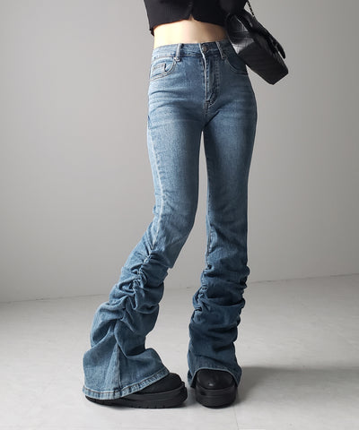 ヘムシャーリングギャザーストレッチフレアパンツ ／ Hem shirring gather stretch flare pants