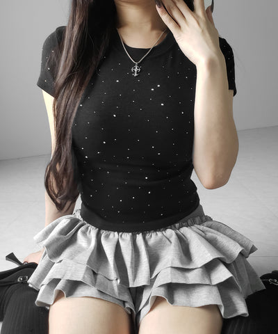 ラインストーン半袖タイトＴシャツ ／ Rhinestone short sleeve tight T-shirt