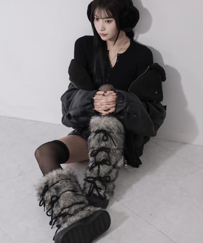 ボリュームフェイクファーレースアップロングブーツ ／ volume fake fur laceup long boots