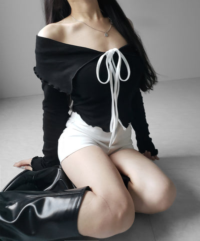 バイカラーリボンオフショルショートトップス ／ bicolor ribbon off shoulder short tops