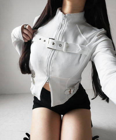 スタンドカラーベルテッドダブルジップスリムトップス ／ stand collar belted double zip slim tops