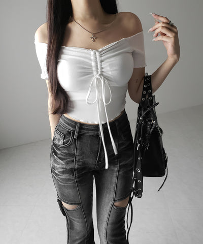 【 ３color 】シャーリングリボンオフショルメローＴシャツ ／ shirring ribbon off-shoulder mellow T-shirt