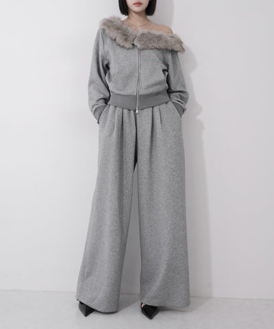 【 セットアップ 】ファーダブルジップワンショルスウェット＆タックワイドスウェットパンツ ／ Fur double-zip one-shoulder sweatshirt ＆ tuck wide sweatpants SETUP