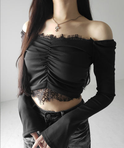【 ２color 】レースドッキングシャーリングショートカットソートップス ／ lace docking shirring short cutsew tops