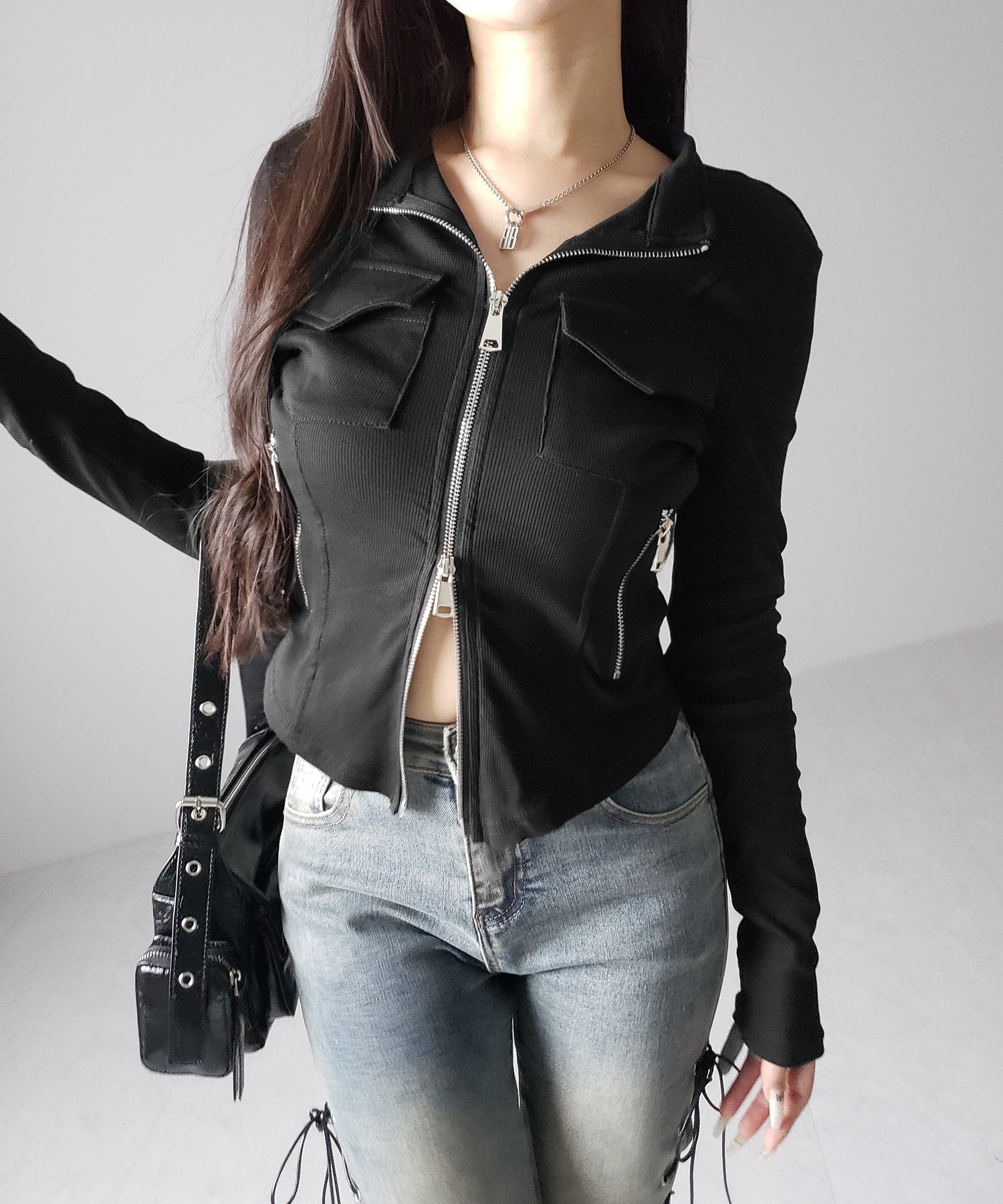 アウトポケットダブルジップスリムリブトップス ／ out pocket double zip slim ribbed tops