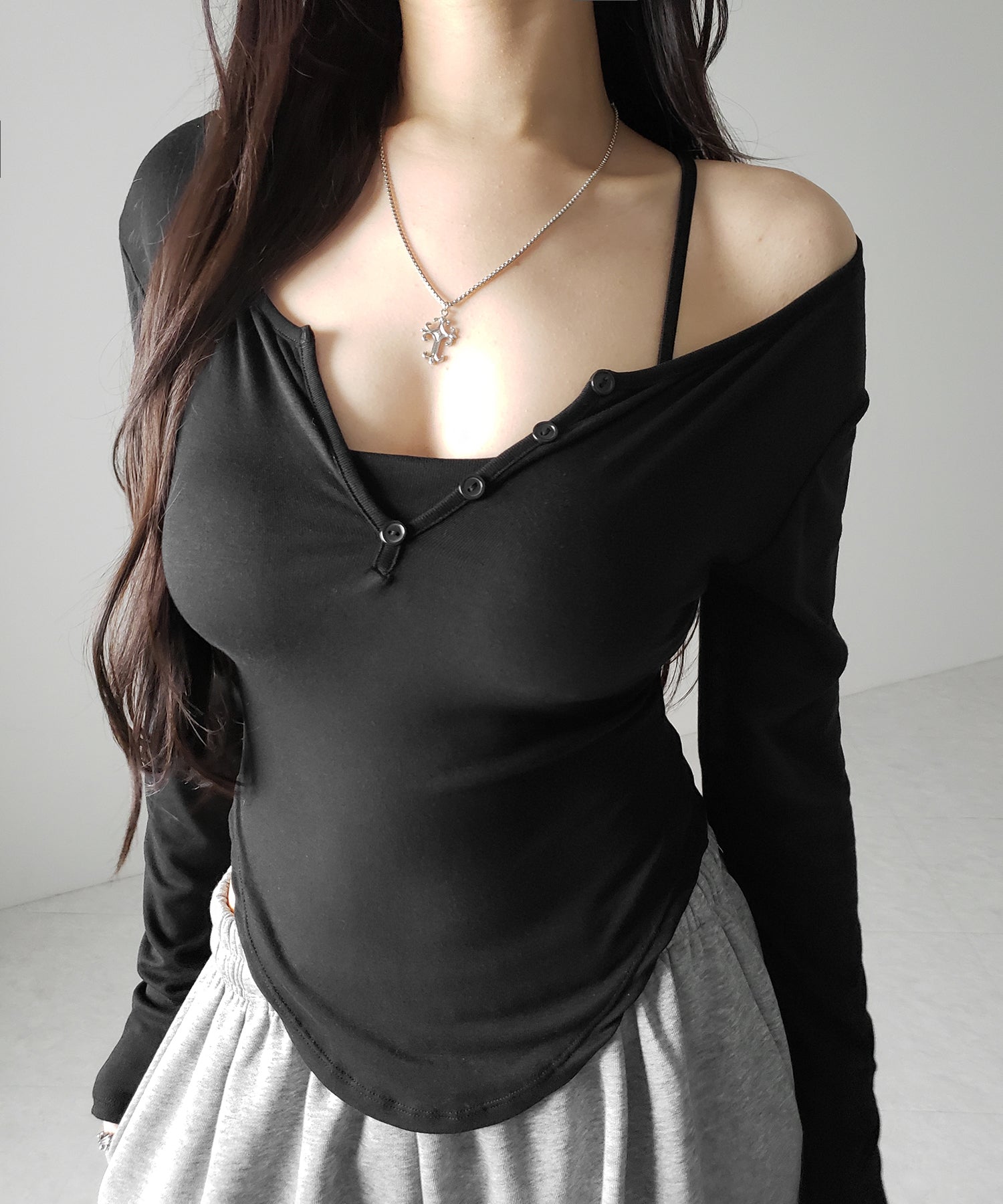 【 インナー付き 】ルーズドレープヘンリーネックレイヤードトップス／ loose drape henley neck layered tops