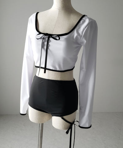 【 レディース水着／２点セット 】フロントリボンモノトーンハイウエストビキニ ／ front ribbon monotone high waist bikini