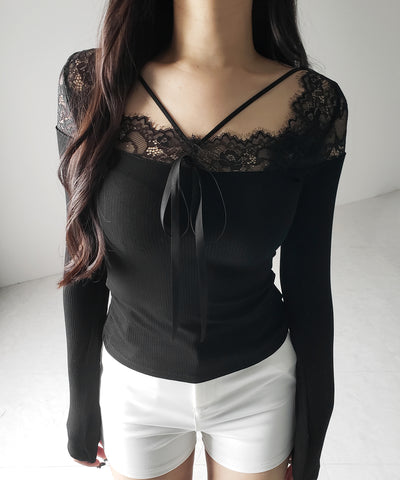 【 ２color 】クロスストラップレース切替リブトップス ／ cross strap lace switching ribbed tops