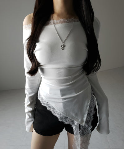 【 ２color 】ワンショルダーレースドッキングアシンメトリートップス ／ one shoulder lace docking asymmetry tops