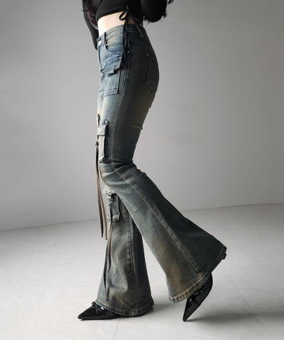 【 ２color ／ ４size 】ベルテッドアウトポケットヴィンテージフレアデニム ／ belted out pocket vintage flare denim