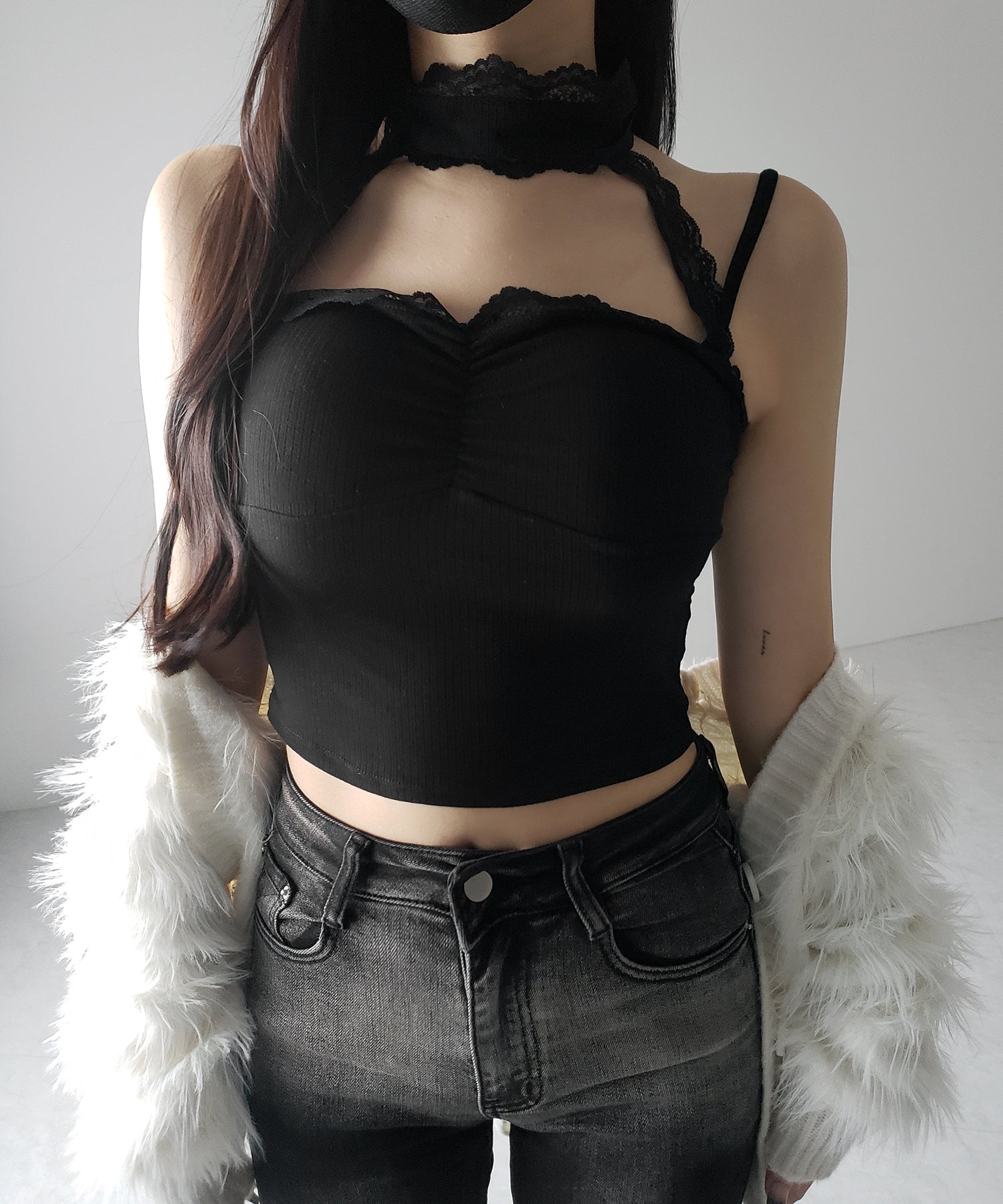 【 ２color ／ カップ付 】レースチョーカーストラップリブキャミソール ／ lace choker strap lib camisole
