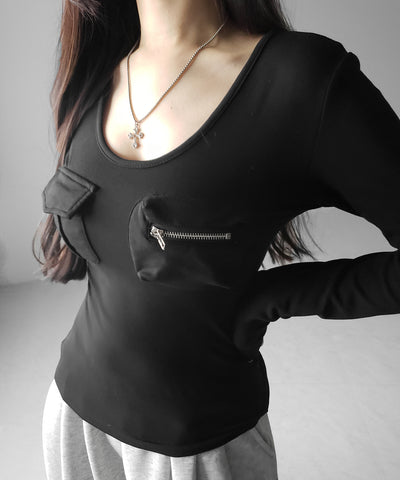 【 裏起毛 】アウトポケットオープンネックスリムトップス ／ out pocket open neck slim tops