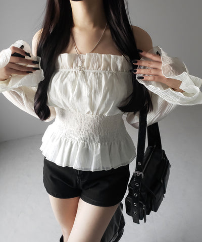 【 ２color ／ ２WAY 】ウエストシャーリングシアーフリルオフショルブラウス ／ waist shirring sheer frill off shoulder blouse
