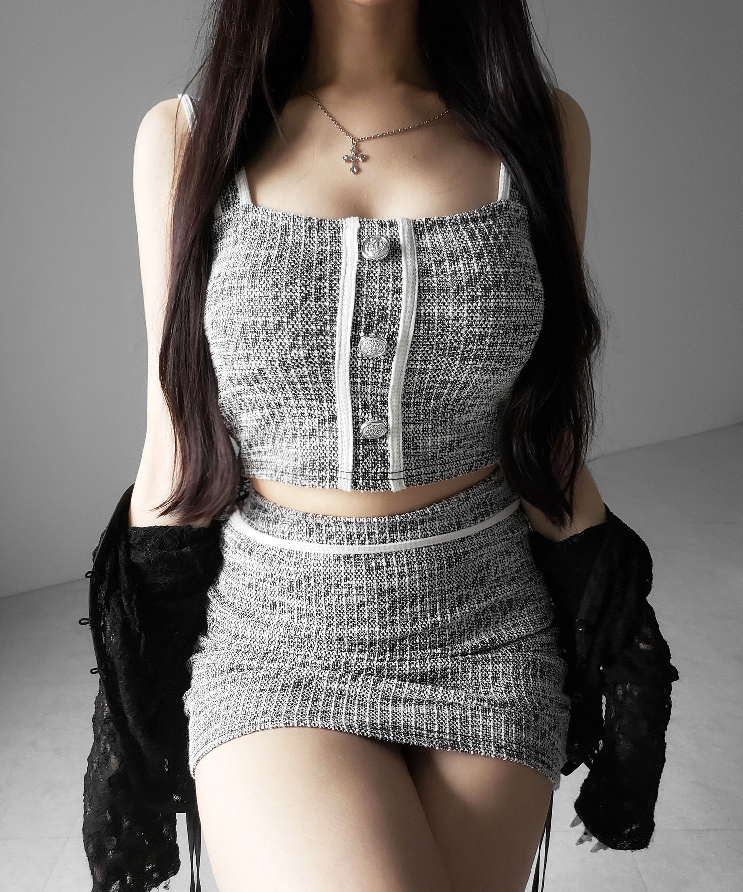 【 セットアップ】ツイードボタンショートビスチェ ＋ ミニスカート ＳＥＴ ／ 【 SETUP 】tweed button short buister ＋ mini skirt SET