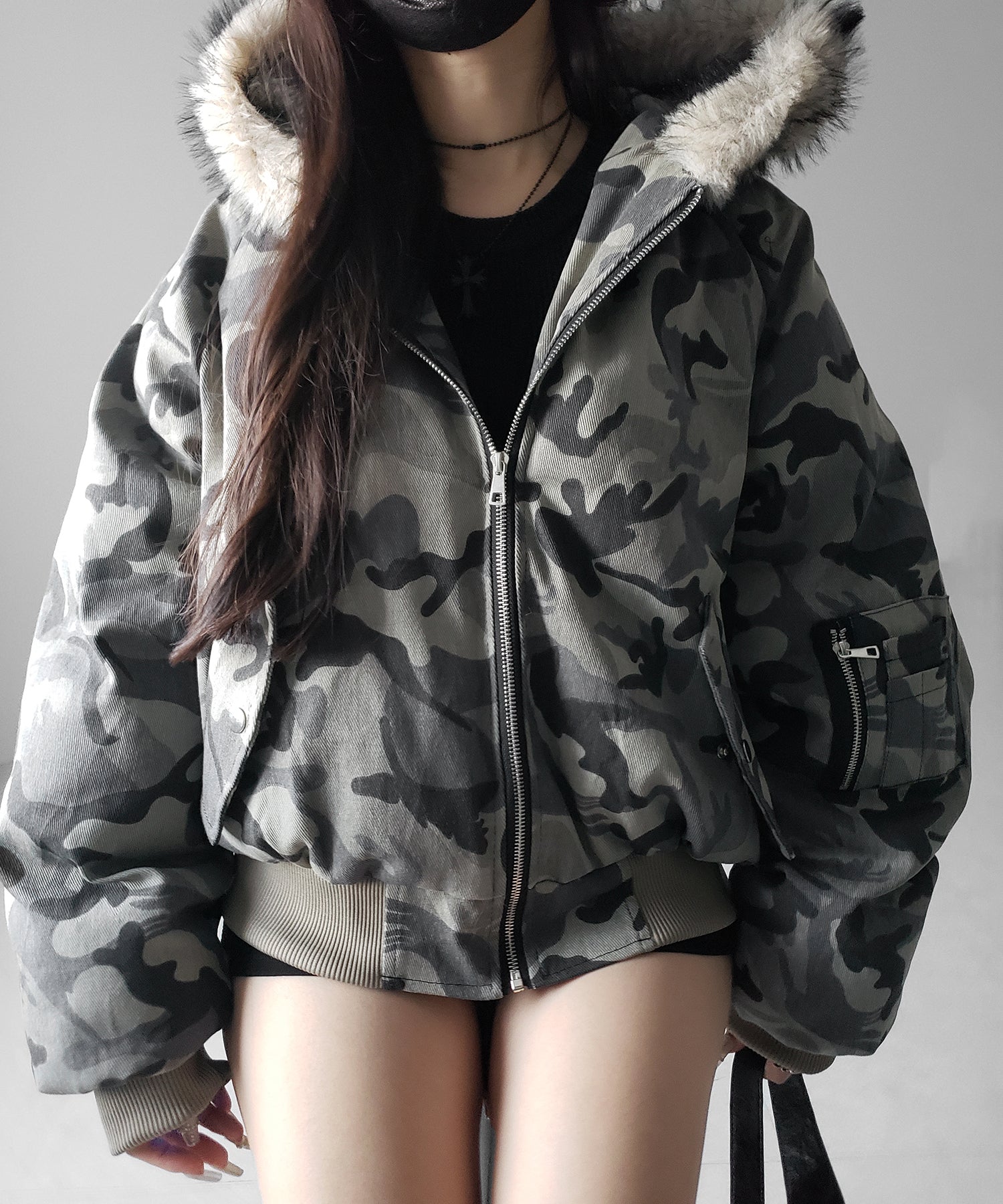 カモフラフェイクファーフーディ中綿ジャケット ／ camouflage fake fur hoodie down jacket