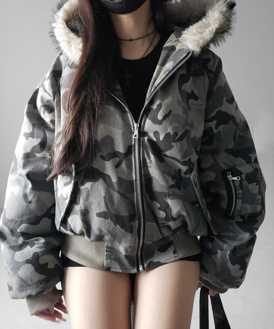 カモフラフェイクファーフーディ中綿ジャケット ／ camouflage fake fur hoodie down jacket