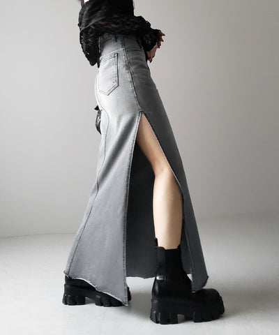【 ３size 】深スリットダメージデニムロングマーメイドスカート ／ deep slit damage denim long mermaid skirt
