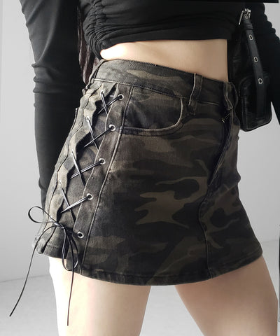 ヴィンテージカモフラレースアップデニムミニスカパン ／ vintage camouflage lace up denim mini skirt pants