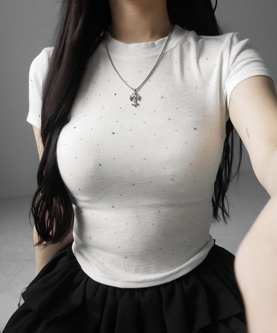 ラインストーン半袖タイトＴシャツ ／ Rhinestone short sleeve tight T-shirt
