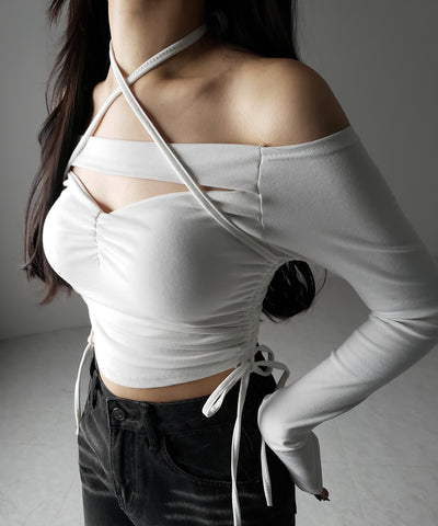 【 ２WAY 】クロスストラップリボンカットアウトオフショルトップス ／ cross strap ribbon cutout offshoulder tops