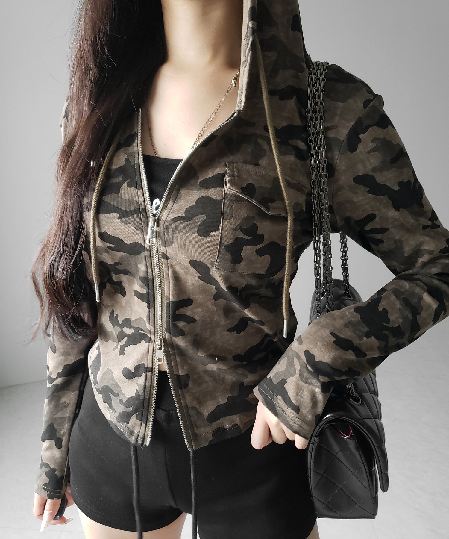 ヴィンテージカモフラダブルジップカットパーカー ／ vintage camouflage double zip cut hoodie