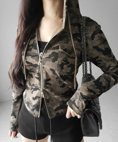 ヴィンテージカモフラダブルジップカットパーカー ／ vintage camouflage double zip cut hoodie