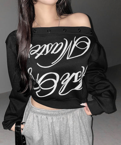 レタリングロゴワンショルスウェットトップス ／ Lettering logo one-shoulder sweat tops