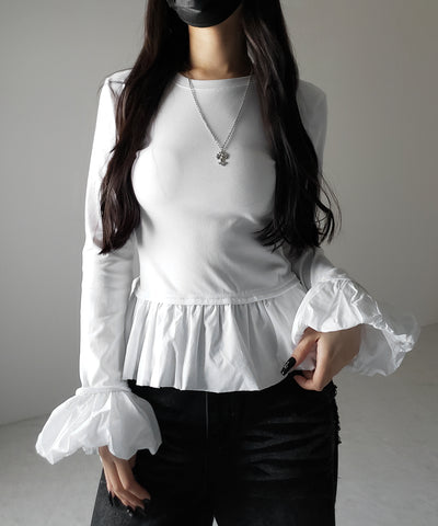 【 ２color 】裾バルーンフリルカットソートップス ／ hem balloon frill cutsew tops