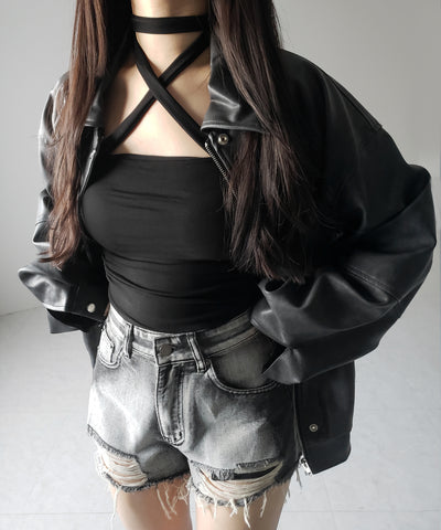 【 ３color ／ カップ付 】ロングチョーカークロスネックキャミソール ／ long choker cross neck camisole
