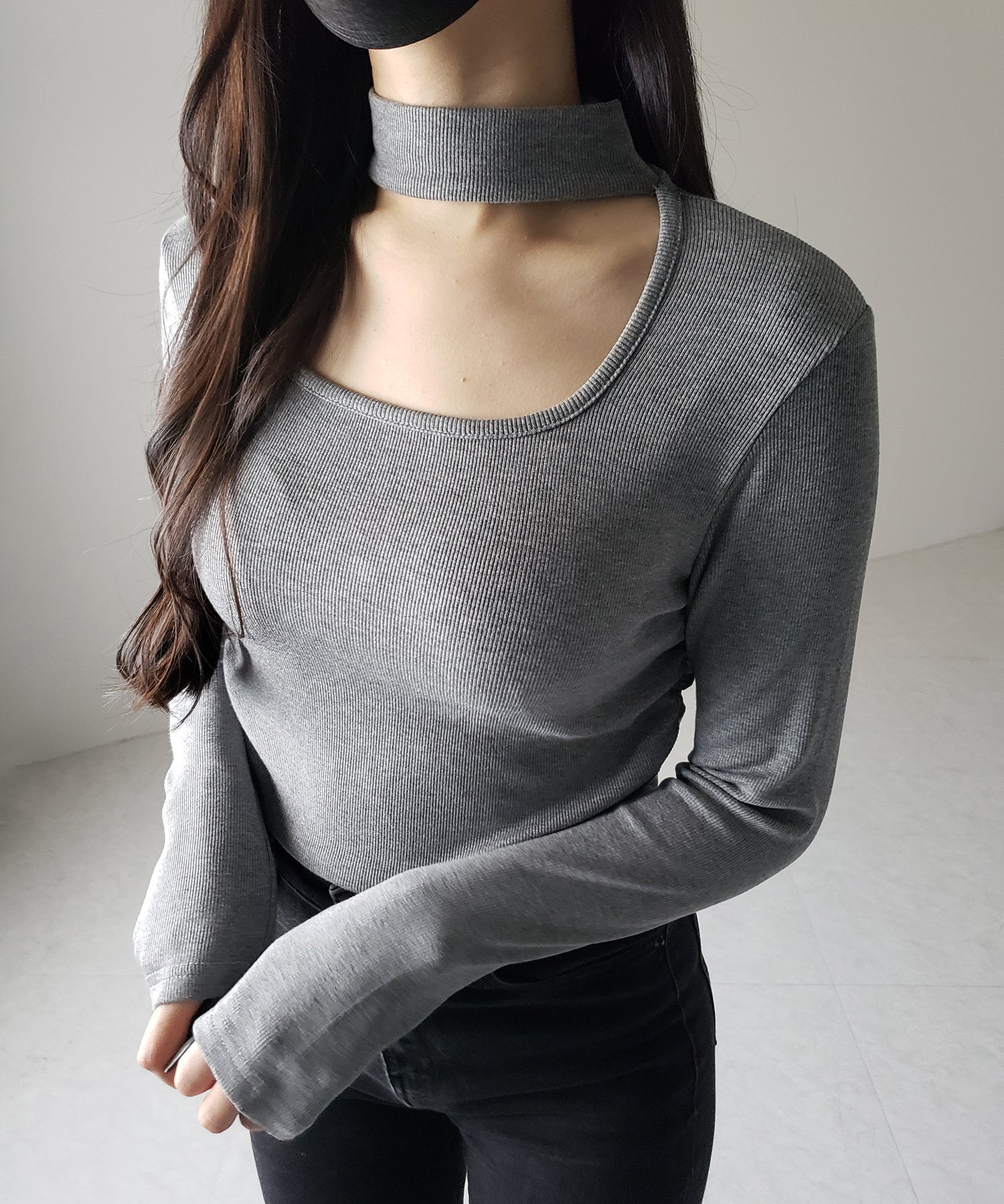 【 ３color ／ 裏起毛 】スクエアネックチョーカーシャーリングトップス ／ square neck choker shirring tops