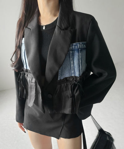 デニムフリルドッキングショートテーラードジャケット ／denim frill docking short tailored jacket