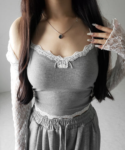 【 ３color 】バイカラーレースクロップドリブキャミソール ／ bicolor lace cropped rib camisole