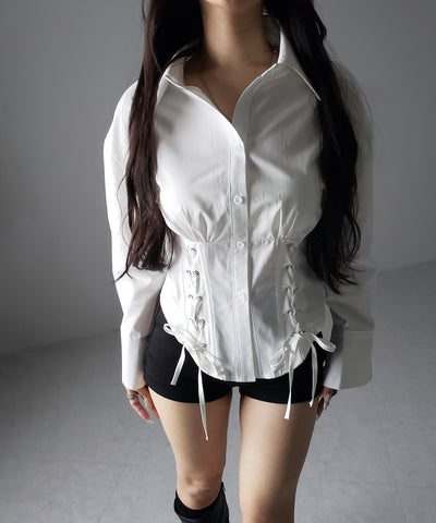 ダブルレースアップリボンシャツ ／ double lace up ribbon shirts