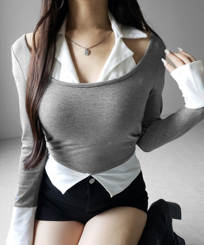 カットアウトフェイクレイヤード長袖Ｔシャツ ／ shirts like cutout fake layered long sleeve T-Shirt