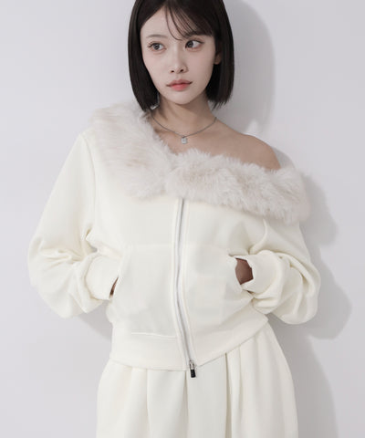 【 セットアップ 】ファーダブルジップワンショルスウェット＆タックワイドスウェットパンツ ／ Fur double-zip one-shoulder sweatshirt ＆ tuck wide sweatpants SETUP