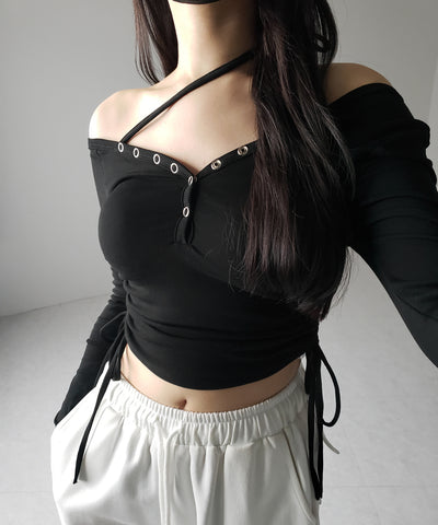 【 ２WAY ／ 裏起毛 】ナナメストラップスナップボタンシャーリングリボントップス ／ naname strap snap button shirring ribbon tops