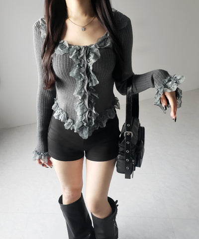 【 ３color 】レースフリルドッキングリブニットカーディガン ／ lace frill docking rib knit cardigan