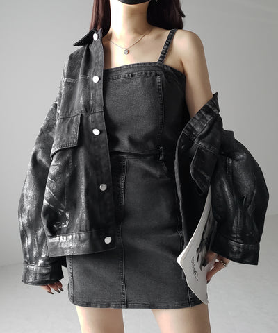 【 ２color 】ウォッシュデニムハイウエストミニキャミワンピース ／ wash denim high waist mini cami onepiece