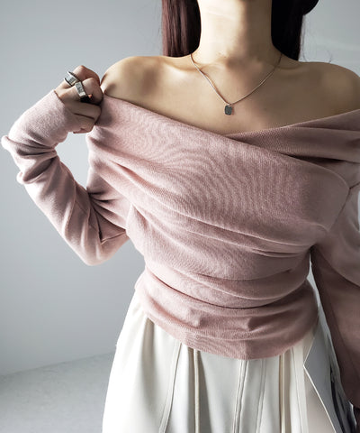 【 ５color 】タックデザインドレープオフショルダーリブニット
