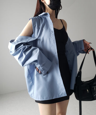 【 ３color 】オープンショルダーカットアウトビッグシャツ ／ open shoulder cutout big shirt