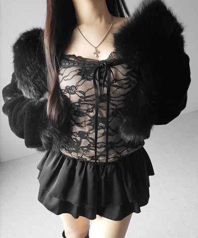 【 裏起毛 】フロントリボンレースレイヤードスクエアネックトップス ／ urakimo front ribbon lace layered square neck