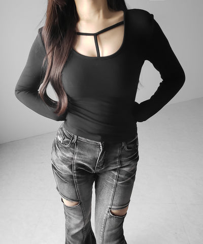 【 裏起毛 】カットアウトストラップスリムカットソートップス ／ cutout strap slim cutsew tops