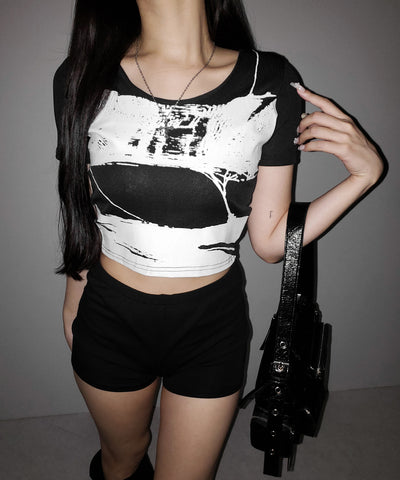 ヴィンテージプリント半袖ショートリブＴシャツ ／ vintage print short sleeve short lib t-shirt