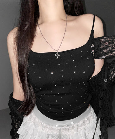 ラインストーンスクエアネックスリムキャミソール ／ Rhinestone square neck slim camisole