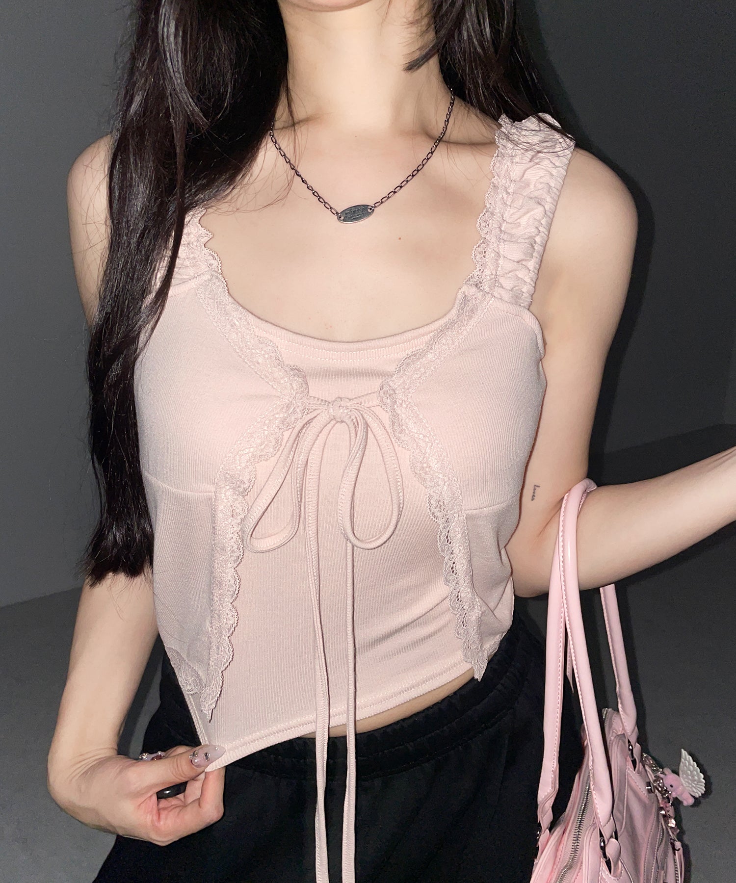 フロントリボンレイヤードリブキャミタンク ／ front ribbon layered lib camisole tank
